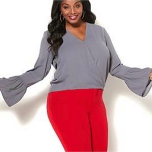 NWT IMAN Grey Crossover Bell Sleeve V-Neck Flowy Blouse Size Small